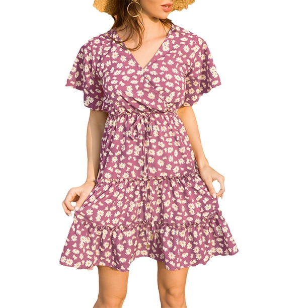 Womens A-line Ball Gown Printed Floral V-neck High Waist Evening Party Dress Hot